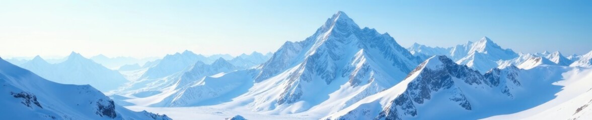 Snowy peaks rising from a vast glacier expanse, cold weather, snow covered peaks, alpine scenery