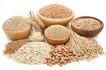 A collection of whole grains, including quinoa, brown rice, and oats.
