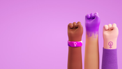 Womens Day flyer template with three diverse raised fists on a purple background symbolizing women's empowerment, feminism and gender equality in 3D illustration