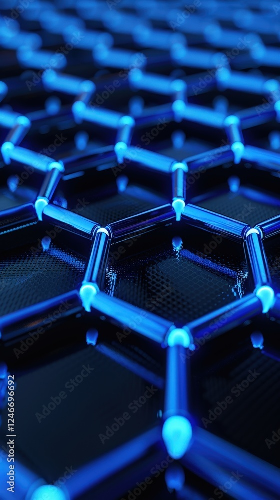 Poster a close-up visualization of a hexagonal graphene structure illuminated in blue, showcasing its uniqu