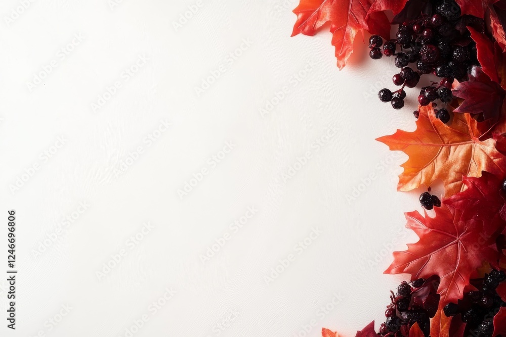 Aufkleber Vibrant autumn leaves and berries encircle a minimalist red frame, enhancing a clean white background and providing ample copy space for fall-themed projects