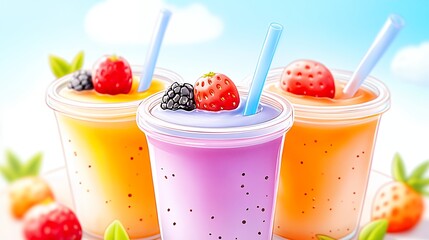 Three Colorful Fruit Smoothies with Berries, Bright Background