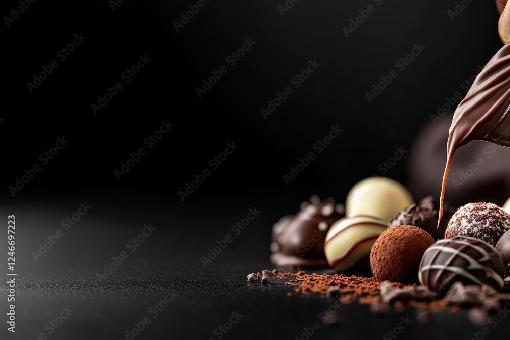 Poster Artisan chocolate balls are adorned with glossy ganache in a close-up view, emphasizing their smooth texture and luxurious appeal against a dark background