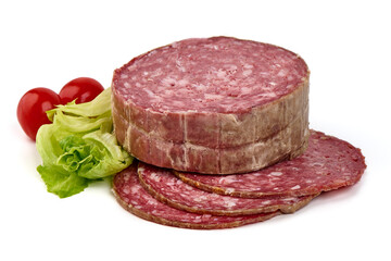 Salami smoked sausage, Traditional dry-cured Milano salami, isolated on white background. High resolution image.