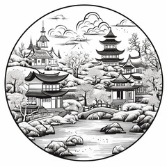 Chinese village landscape in the circle, front view, badge, simple black and white drawing highlighted on a white background, without people, picture, image for printing on a T-shirt