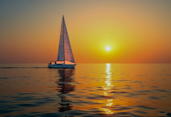 sailboat gently swaying on the calm sea as the sun sets