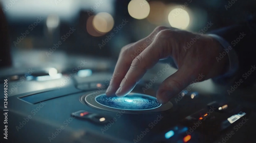 Poster Close-up of a fingerprint scanning interface with a glowing blue fingerprint, showcasing advanced technology for secure access and identification