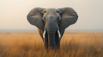 Naklejka premium Animal portraits of a wise elephant standing in a serene savannah landscape under soft golden light