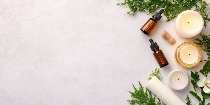 wellness postcard, a creatively arranged postcard showcases essential oils, candles, and a yoga mat, conveying relaxation and self-care a modern, uplifting template features space for a message on