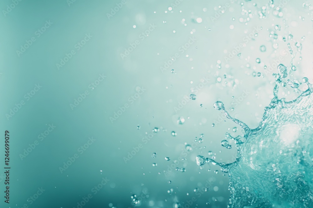 Leinwandbilder Bright blue water splashes dynamically, creating intricate droplets and ripples, set against a refreshing pastel mint backdrop with space for text