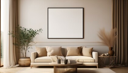 Fototapeta premium Mockup poster frame on the wall of living room. Luxurious apartment background with contemporary design. Modern interior design. 3D render, 3D illustration