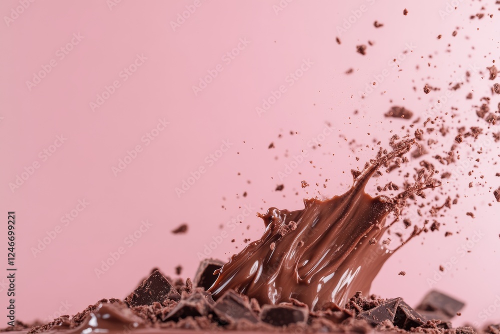 Poster molten chocolate flows in mid-air, creating glossy drips and splashes, set against a soft pink backg