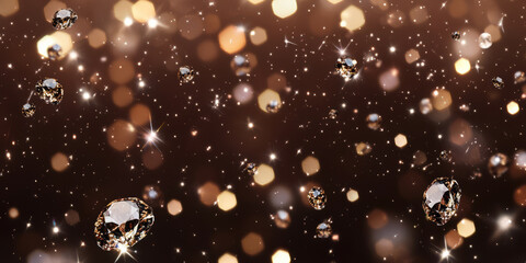 A rich, warm chocolate brown background with sparkling diamonds scattered across, reflecting golden highlights. The combination of luxurious diamonds and the earthy tone creates an opulent atmosphere,