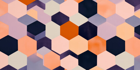 A non-seamless geometric pattern with bold and minimalistic hexagonal structures in pastel peach fuzz, lilac, and burnt orange.