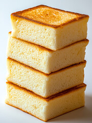 Fototapeta premium Stack of four golden-edged, thick-cut slices of toasted white bread on a white surface, casting a slight shadow.