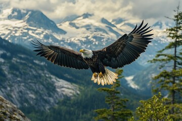 Obraz premium A majestic eagle soaring high above the mountains, its wings spread wide as it searches for prey