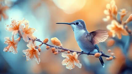 Fototapeta premium Hummingbird perched on a branch among blooming flowers at twilight