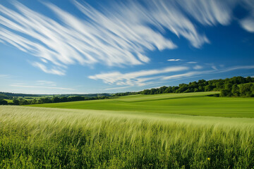 Fototapeta premium Green meadow with blue sky