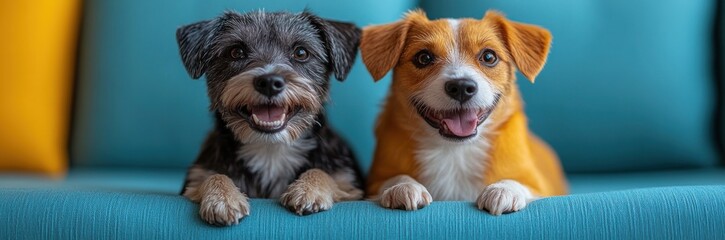 Two Happy Dogs Smiling with Closed Eyes on Blue Background