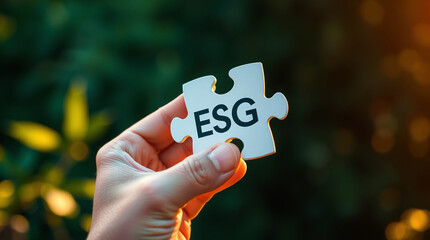 close-up of hands holding a jigsaw puzzle piece with the acronym ESG for environmental, social, and governance,