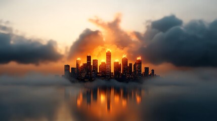 Naklejka premium Sunset over a mystical cityscape urban horizon digital art surreal atmosphere aerial view dreamlike landscape