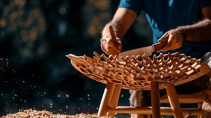 Craftsman skillfully shaping a wooden chair outdoors, surrounded by wood shavings and nature