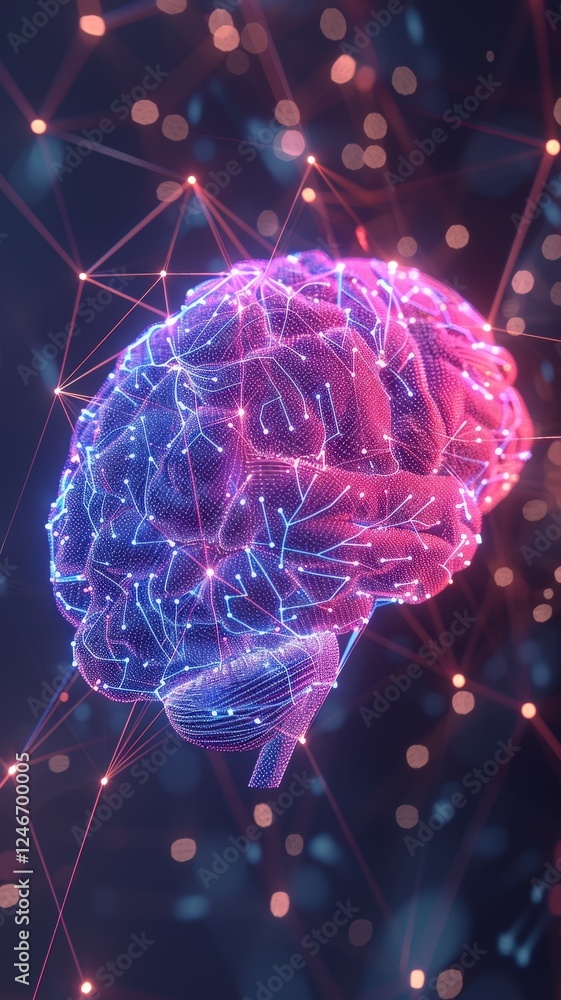Poster a vibrant digital representation of a brain, showcasing interconnected nodes and neural pathways in 