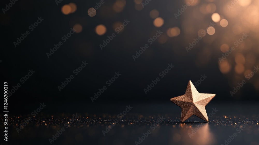 Poster a golden star stands on a shiny black surface, surrounded by soft sparkles, creating a sophisticated