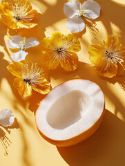 Sliced coconut surrounded by yellow and white flowers, bathed in bright, patterned sunlight on a yellow surface.