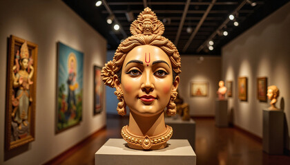 Intricately carved Lord Krishna head showcased in museum exhibition, artistry