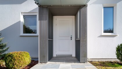 white facade of modern cottage with front door close-up. The entrance door is white, with steel design elements