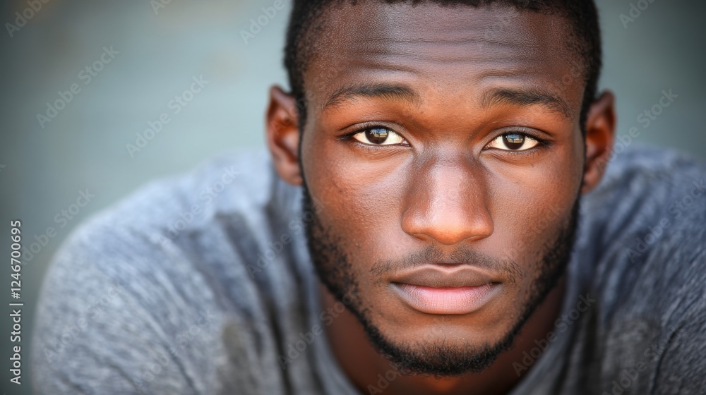 Poster A portrait captures an African man staring intently into the camera, his strong features enhanced by soft lighting and blurred background creating focus