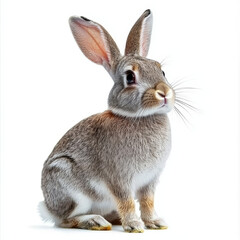 Obraz premium A light brown rabbit sits alertly on a white background, gazing towards the viewer with attentive eyes.