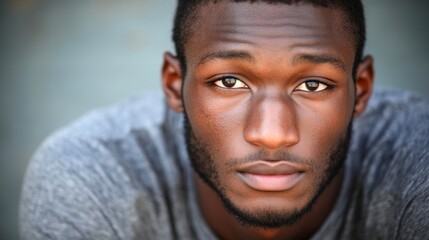Obraz premium A portrait captures an African man staring intently into the camera, his strong features enhanced by soft lighting and blurred background creating focus