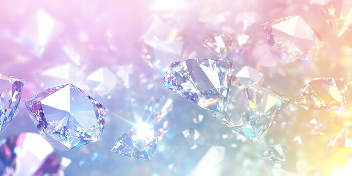 A glowing pastel-colored diamond background with a soft sparkle. Each gem catches the light, creating an ethereal, dream-like effect, perfect for wedding invitations, luxury decor, or fashion design.