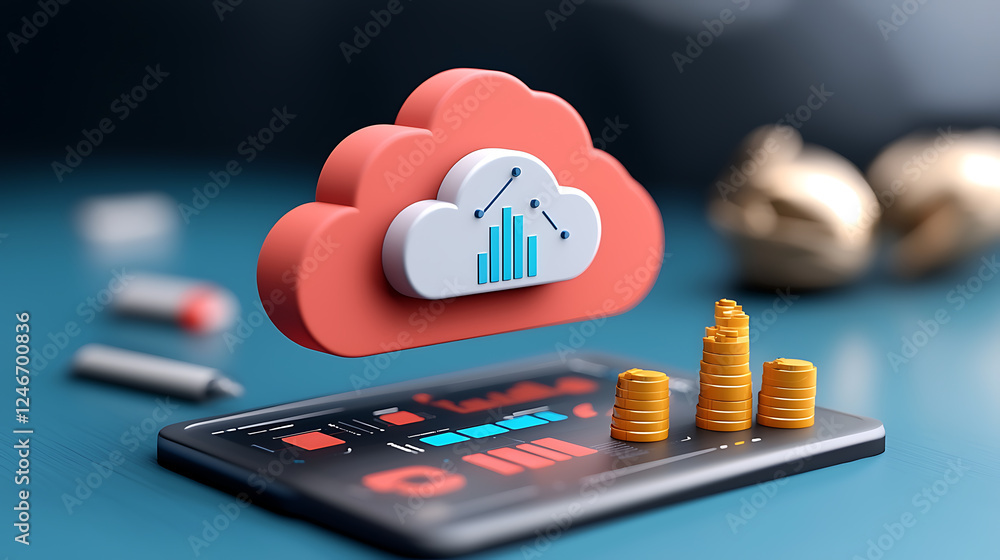 Poster analyzing financial data insights digital workspace infographic modern office aerial view cloud comp