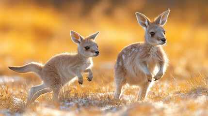 Fototapeta premium Baby animals, like a baby kangaroo hopping next to its mother in a golden field