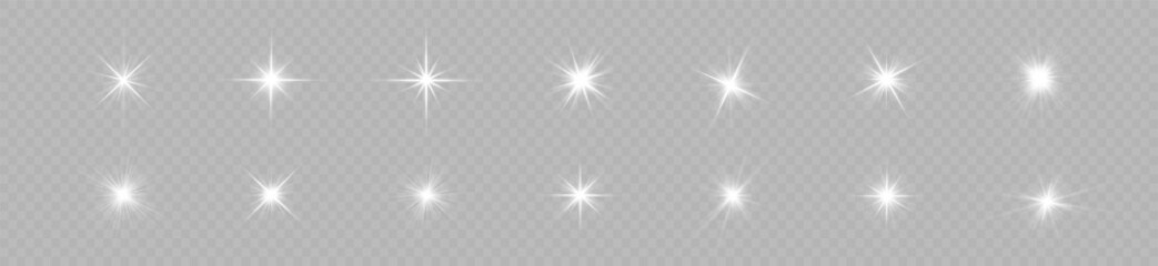 Light effect set. Isolated white transparent light effect set, lens flare, explosion, dust, line, sun flash, spark and stars, spotlight, curve twirl, png. Sunlight, abstract special effect. 