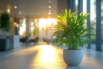 Blurry Modern Office Interior with Light Furniture and Panoramic Windows