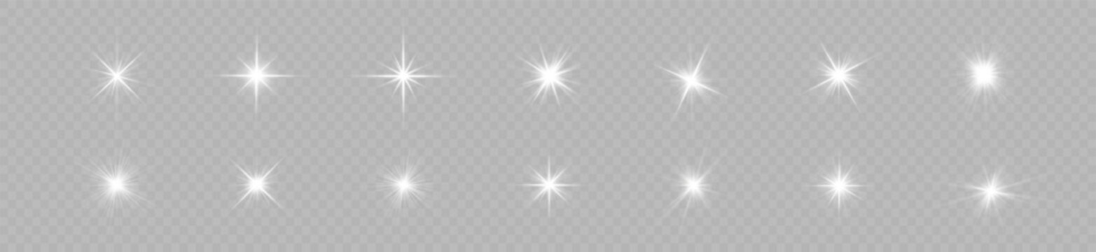Light effect set. Isolated white transparent light effect set, lens flare, explosion, dust, line, sun flash, spark and stars, spotlight, curve twirl, png. Sunlight, abstract special effect. 