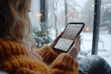Black woman checking smartphone wallet app in cozy indoor setting