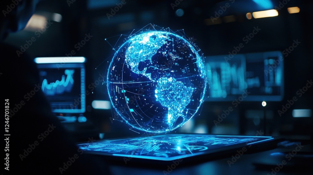 Aufkleber a glowing digital globe hovers above a futuristic interface, surrounded by data charts and screens, 