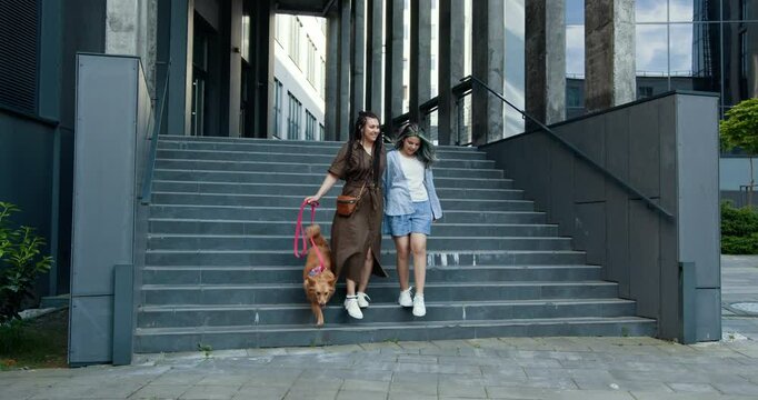 Two young Caucasian females walking down outdoor stairs with small fluffy dog. Urban setting, casual fashion. One woman wearing a dress, the other in casual shorts. Bright day, enjoying companionship.