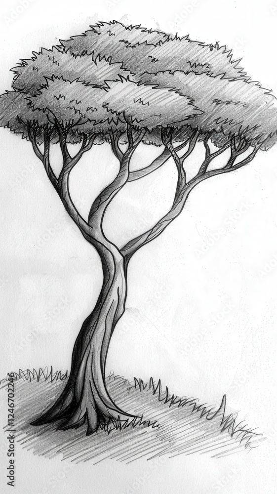 Poster a simple, artistic sketch of a tree with twisted branches and lush foliage, emphasizing its natural 