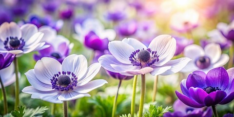 Fototapeta premium Delicate Purple and White Anemone Flowers in a Spring Meadow - Candid Photography Stock Photo