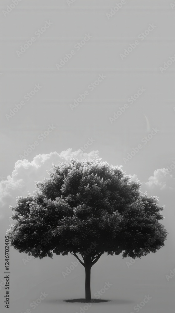 Poster a solitary tree stands in a serene landscape with soft clouds, creating a calm and minimalist atmosp