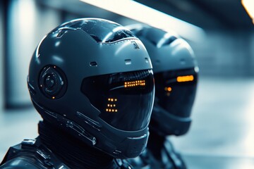 Fototapeta premium Futuristic robotic figures in sleek helmets stand in an illuminated urban environment