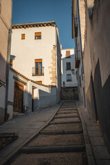 ancient stairs with pavement of old cozy European town, Cuenca, Spain