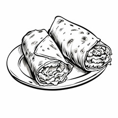 Two burritos on the plate, side view, badge, simple black and white sketch on a white background, picture, image for printing on a T-shirt, without people, ai