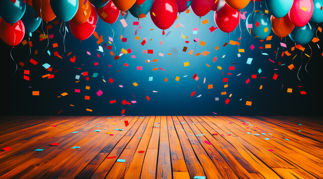 Ballons gonfl&eacute;s a l'h&eacute;lium et confettis sur sc&egrave;ne